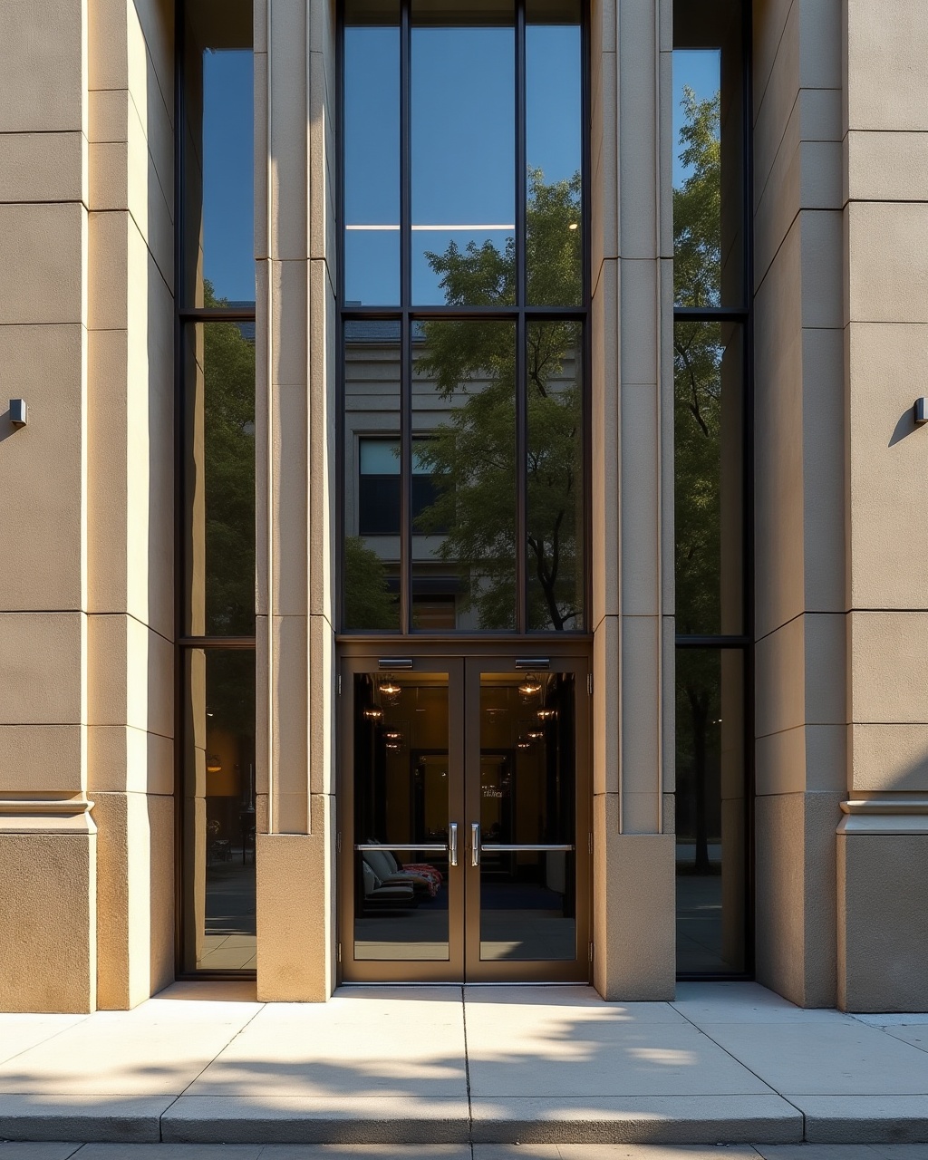 Coursed sandstone and bronze-framed glass on a civic building facade, photographed square-on in raking afternoon light.