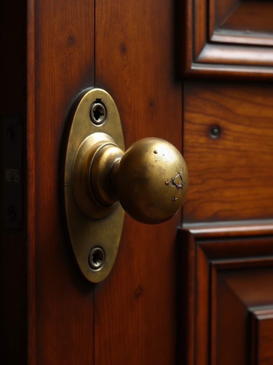 Close-up of a worn brass lever handle and escutcheon on a panelled hardwood door.