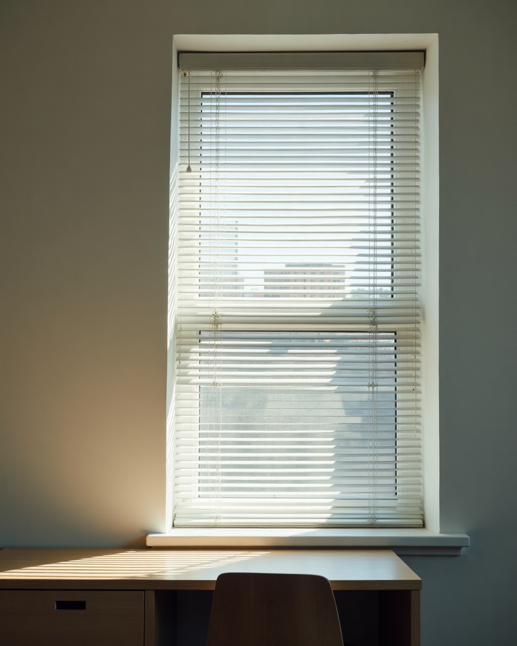 Daylight through a half-open venetian blind striping a bare wall and the edge of an empty desk.