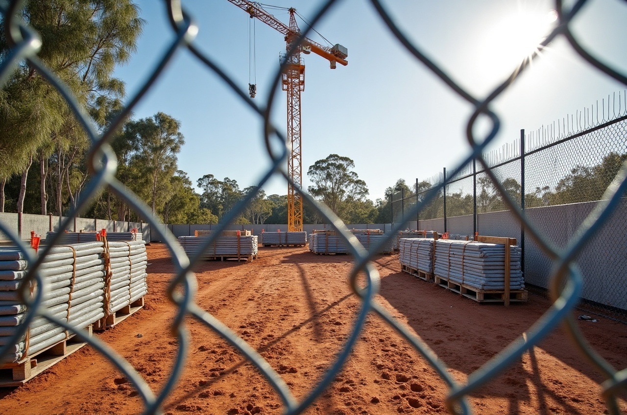 A concrete core in formwork and a tower crane behind a chain-link fence, eucalypts beyond in summer light