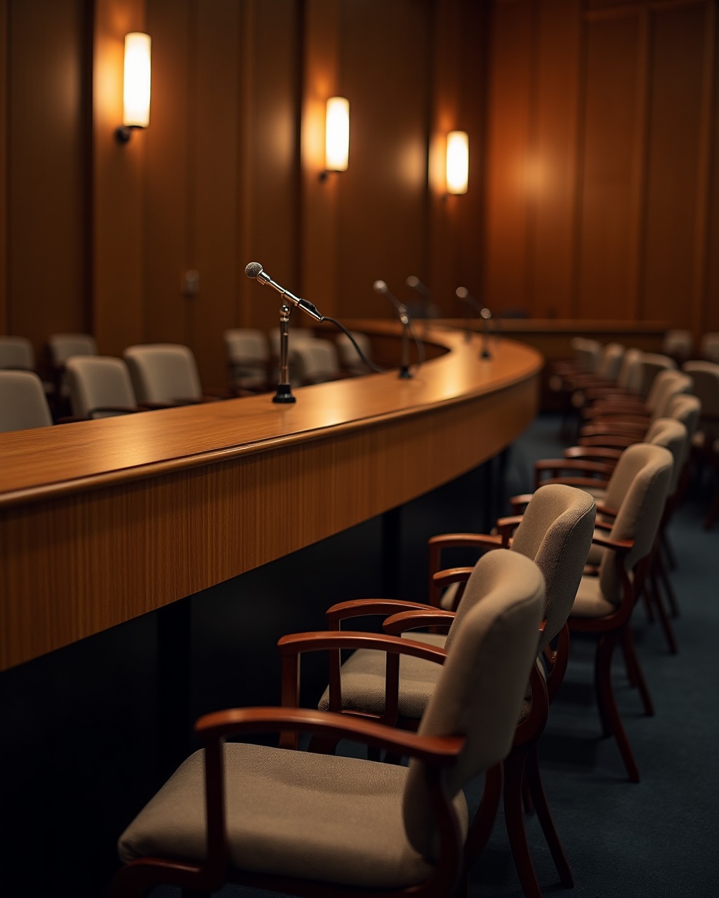 An empty timber-panelled hearing room at night, with rows of vacant chairs and a gooseneck microphone on the bench.