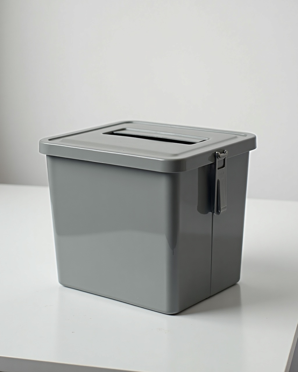 A scuffed grey plastic ballot box with a lid slot and a plastic security seal, on a plain table in soft window light.